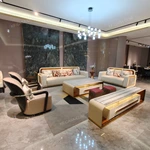 Modern Luxury Seating Collection with 3D Relief Craftsmanship, Natural Wood Veneer, Gold Stainless Steel Accents & Integrated Ambient Lighting